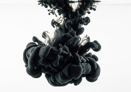 Ethereal black ink clouds billowing and swirling gracefully in crystal clear water over a stark white backdrop for sophisticated design work, atmosphere, dark, design