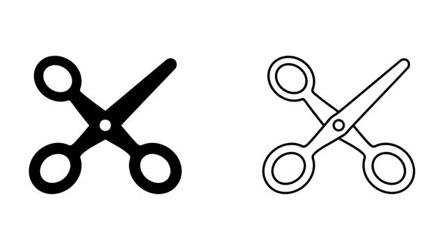 Scissors Icon Set: A pair of scissors, presented in both solid black silhouette and outline design, symbolizing cutting, crafting, or repair.