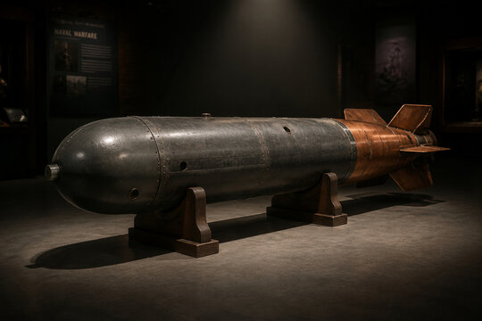 Decommissioned naval torpedo on wooden display cradles in museum, naval history concept