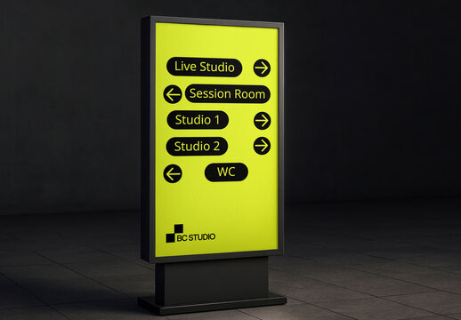 Bright Indoor Wayfinding Sign Mockup PSD With Yellow Backlit Display