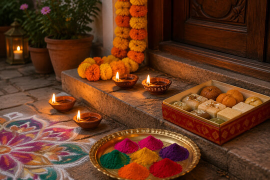 Clay diya lamps, marigold garland, rangoli powders, and Indian sweets for Diwali celebration