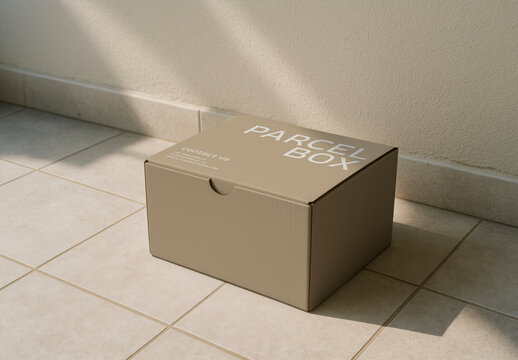 Cardboard Parcel Box Mockup On Floor PSD