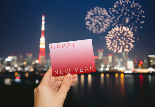 Celebratory Fireworks Over Cityscape Card Mockup PSD