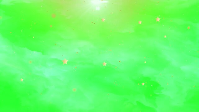 Fluffy white clouds and glowing golden stars float under bright sunlight on a chroma key green background.