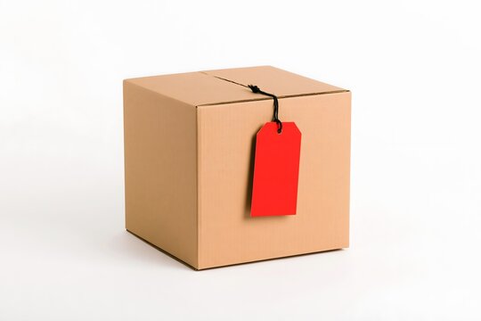 Kartonpaket mit rotem Preisschild auf hellem neutralem Hintergrund