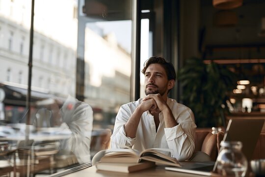 Nachdenklicher junger Mann sitzt mit offenem Buch und Kaffee in einem modernen Caf&eacute;