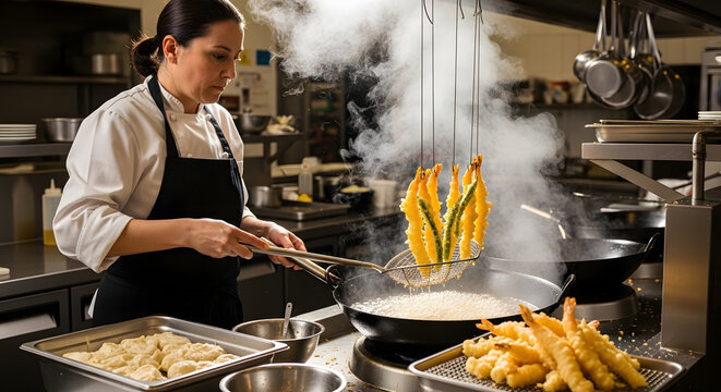 Chef carefully prepares crispy deep fried tempura vegetables inside a busy commercial restaurant.