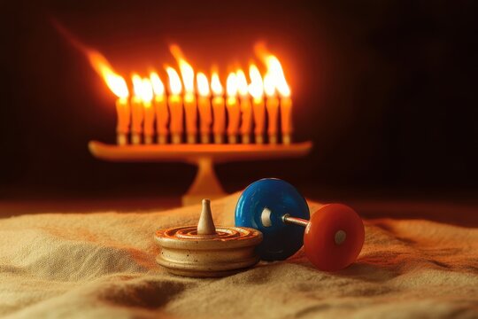 Hanukkah menorah with glowing candles lit against a color background for traditional holiday celebration