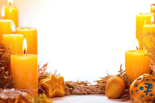 Hanukkah candles and festive dreidels with spruce branches on a dark background for religious celebration