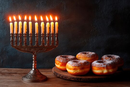 Traditional jewish holiday hanukkah menorah with lit white candles and sweet donuts on a wooden table