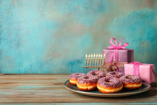 Jewish holiday hanukkah concept frame of traditional gifts, lit candles and sweet donuts on color background