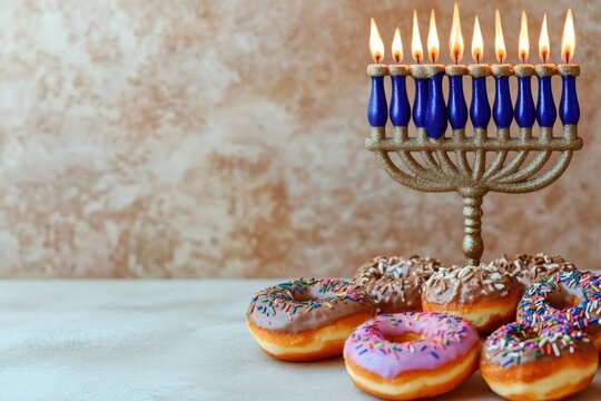 Hanukkah menorah with burning candles and sweet colorful glazed donuts on a light background for holiday