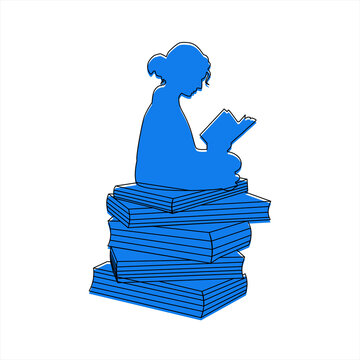 Woman Reading a Book While Sitting on a Stack of Books. Blue Silhouette Study and Education Icon