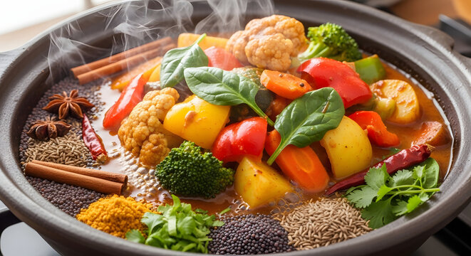 Vegetable curry simmering in a clay pot releases aromatic steam from fresh herbs and spices.