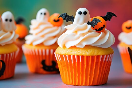 Delicious halloween cupcakes with vibrant orange and white frosting decorated with cute little jack o lanterns