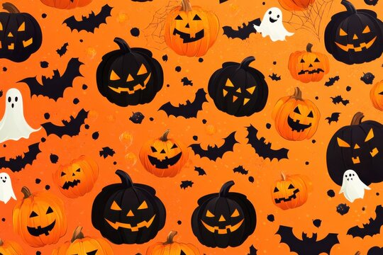 Spooky halloween holiday card frame with carved orange pumpkins, bats and cute ghost on color background