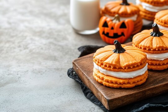 Holiday greeting card with empty copy space for text featuring delicious pumpkin cookies and milk on a board