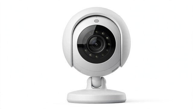 Modern White Wireless Smart Home Security Camera Isolated on White Background for Surveillance and Protection