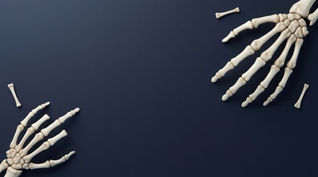 Human skeleton hands and phalanges arranged on a dark blue surface with ample copy space