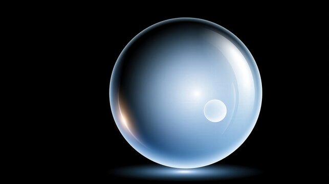 Crystal ball with glowing blue light on black background, mystical glass sphere for fortune telling, magical orb with reflections