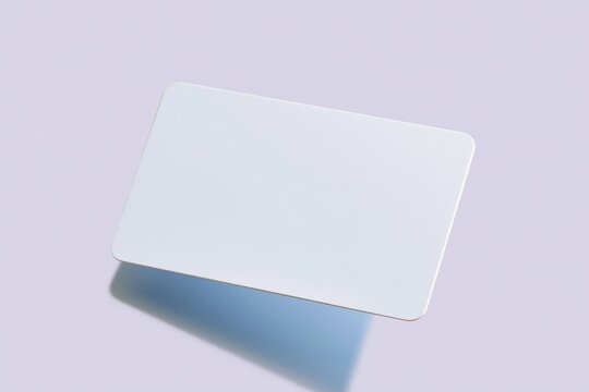 Blank plastic card with rounded corners floating over a lavender background, featuring a smooth matte finish for gift card and loyalty mockup templates