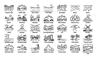 Fototapeta premium 30 Geographical Scenery Outdoor Travel Editable Outline Icons