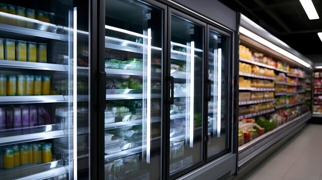 Modern refrigerated display cases with glass doors line a well lit grocery aisle  showcasing packaged food items on organized shelves