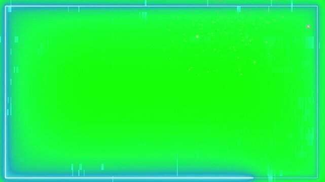 Glowing neon border frame with digital grunge lines surrounds an empty green screen surface for video editing.