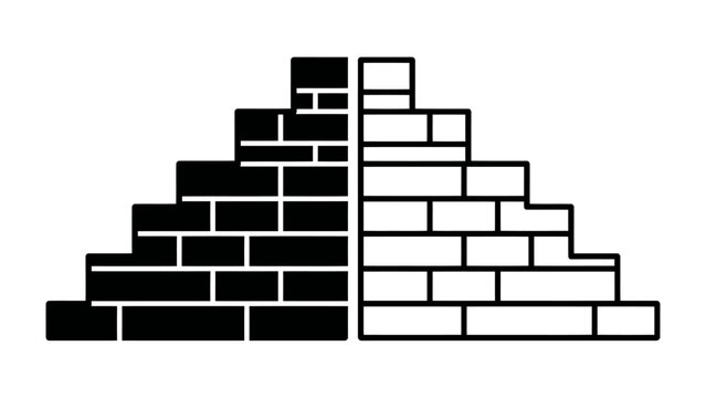 Dual Pyramid Construction: Abstract representation of two confronting pyramids, one black and one white, constructed from stacked bricks, symbolizing duality and opposition.