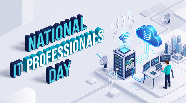 National IT Professionals Day background with 3D isometric typography, server rack, cloud database, programmer at desk, and wifi icons