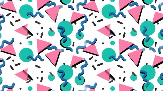 Animated Memphis Style Pattern with Floating Geometric Shapes and Lines