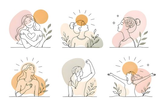 Minimalist vector collection of positive mindset and self-worth line art icons