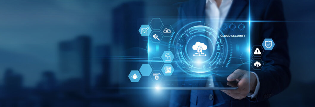 Businessman Hand Holding Digital Tablet to Analyze Cloud Security Data and Cyber Protection, Information Safeguard, Data Encryption, Access Control, Threat Prevention, Network Defense