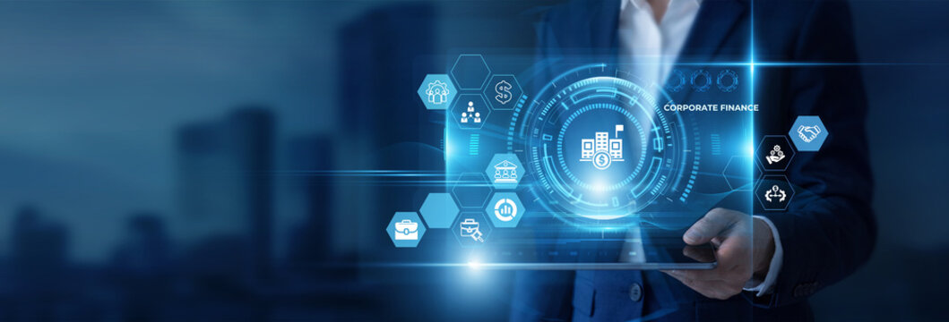 Businessman Hand Holding Digital Tablet to Analyze Corporate Finance Data and Capital Structure, Revenue Strategy, Investment Decision, Asset Management, Financial Planning, Shareholder Value