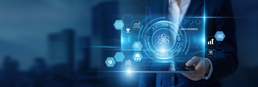 Businessman Hand Holding Digital Tablet to Analyze Data Science Data and Predictive Modeling, Machine Learning, Data Mining, Advanced Analytics, Information Extraction, Statistical Analysis
