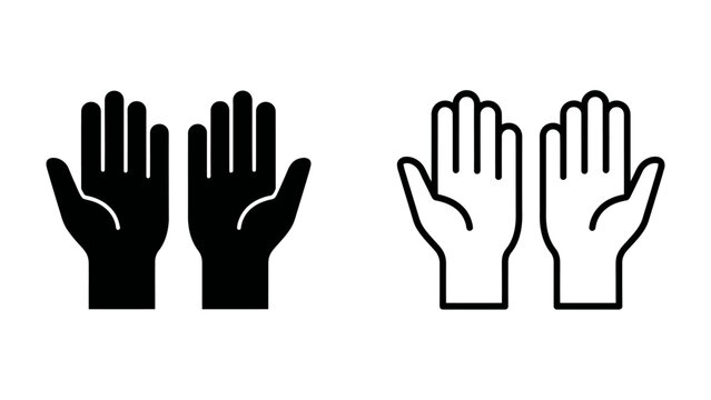 Praying Hands Icon: A symbol representing prayer, supplication, and faith, depicted as two open hands facing upward. Available in both solid black and line art styles for versatility.