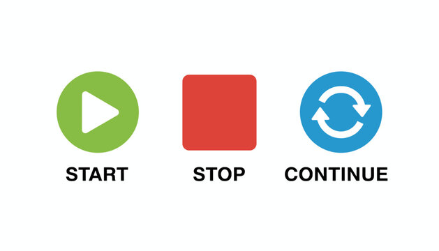 Graphic set of colorful interface buttons displays circular icons for start, stop, and continue functions accompanied by bold black text labels.