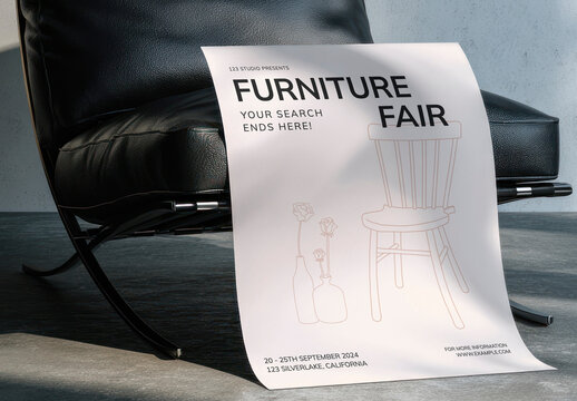 Furniture Fair Poster Mockup PSD On Black Chair Minimal Modern Interior