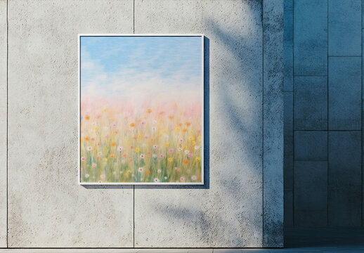 Framed Wall Art Mockup PSD On Concrete Wall With Pastel Floral Painting