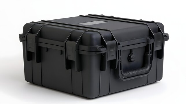 A black rugged storage case with latches and handle  designed for secure transport of sensitive equipment or documents