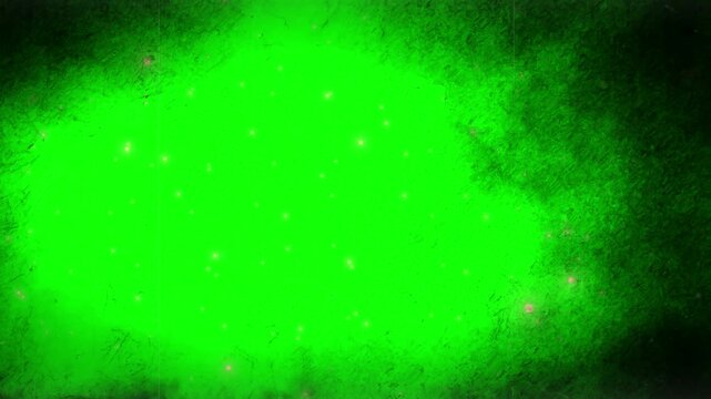 Dark smoky vignette frame with glowing dust particles surrounds a vibrant green screen background for video compositing.
