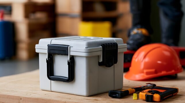 A gray tool box with black latches sits on a wooden surface next to an orange hard hat and various tools