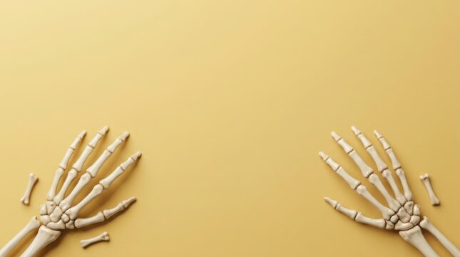 Skeletal hands reaching with small bones on a warm ochre backdrop conceptual Halloween theme