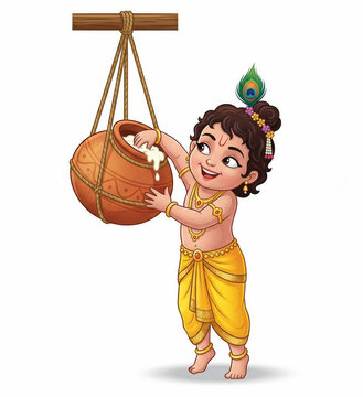 Little Krishna Reaching for a Suspended Butter Pot During a Playful Traditional Scene
