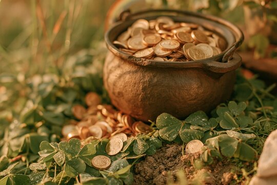 Cast-iron cauldron overflowing with gold coins on a bed of green clovers, featuring a weathered texture and warm amber light for St. Patricks Day