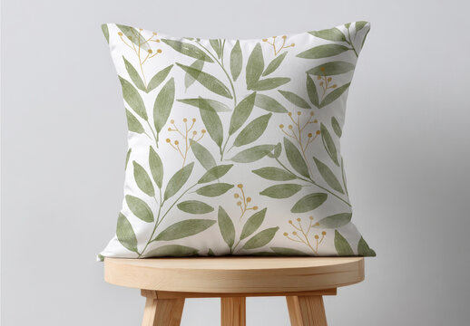 Leafy Cushion Mockup PSD On Wooden Stool Modern Botanical Home Decor