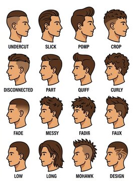 Collection of Men's Hairstyles Infographic Vector Illustration with Various Haircut Styles and Names for Barbershop