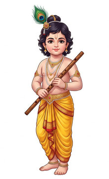 Little Krishna Standing With a Flute in Yellow Dhoti and Traditional Jewelry