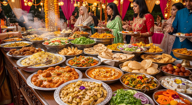 Buffet line features an extensive variety of traditional Indian dishes served at a grand.