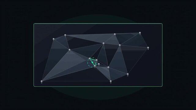 Abstract animated points connecting into a delaunay triangulation drawn as blue and cyan lines and shapes on a deep dark background. Seamless looping 4K motion graphics video with free space for text,
